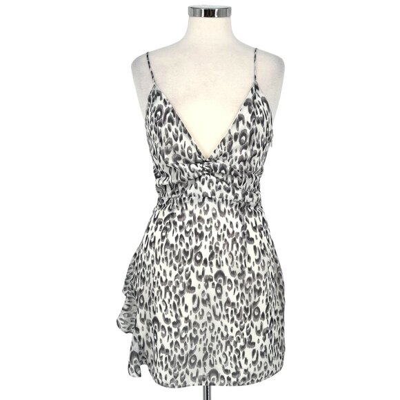 Superdown Revolve Kina Leopard Print Ruched Mini Dress Gray White Size Medium - Picture 1 of 11